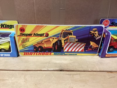 Lot 261 - Matchbox Super Kings Muir Hill Tractor & Trailer K-5, Peterbilt Tipper Truck K105, Bedford Skip Truck K-28, Pick-Up Truck K-11, Big Tipper truck K-4 & Breakdown Truck K-14, all boxed (6)