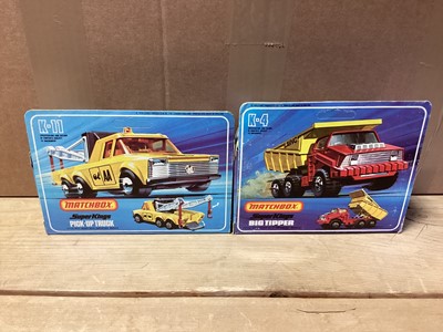 Lot 261 - Matchbox Super Kings Muir Hill Tractor & Trailer K-5, Peterbilt Tipper Truck K105, Bedford Skip Truck K-28, Pick-Up Truck K-11, Big Tipper truck K-4 & Breakdown Truck K-14, all boxed (6)