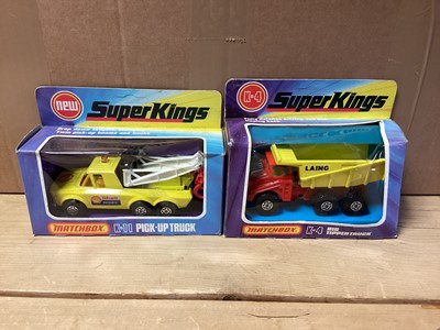 Lot 261 - Matchbox Super Kings Muir Hill Tractor & Trailer K-5, Peterbilt Tipper Truck K105, Bedford Skip Truck K-28, Pick-Up Truck K-11, Big Tipper truck K-4 & Breakdown Truck K-14, all boxed (6)