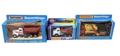 Lot 261 - Matchbox Super Kings Muir Hill Tractor & Trailer K-5, Peterbilt Tipper Truck K105, Bedford Skip Truck K-28, Pick-Up Truck K-11, Big Tipper truck K-4 & Breakdown Truck K-14, all boxed (6)