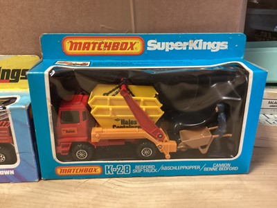 Lot 261 - Matchbox Super Kings Muir Hill Tractor & Trailer K-5, Peterbilt Tipper Truck K105, Bedford Skip Truck K-28, Pick-Up Truck K-11, Big Tipper truck K-4 & Breakdown Truck K-14, all boxed (6)