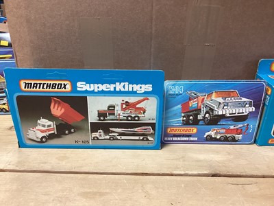 Lot 261 - Matchbox Super Kings Muir Hill Tractor & Trailer K-5, Peterbilt Tipper Truck K105, Bedford Skip Truck K-28, Pick-Up Truck K-11, Big Tipper truck K-4 & Breakdown Truck K-14, all boxed (6)