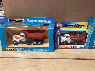 Lot 261 - Matchbox Super Kings Muir Hill Tractor & Trailer K-5, Peterbilt Tipper Truck K105, Bedford Skip Truck K-28, Pick-Up Truck K-11, Big Tipper truck K-4 & Breakdown Truck K-14, all boxed (6)