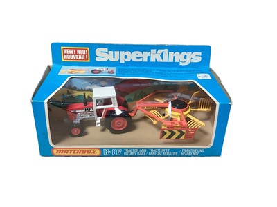 Lot 263 - Matchbox Super Kings Farm Unimog K-32, Massey Ferguson Tractor & Trailer K-35, Tractor & Rotary Rake K-87, all boxed (3)