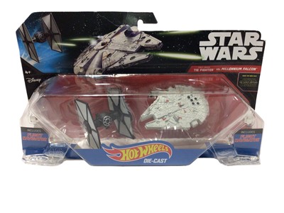 Lot 278 - Mattel Star Wars Hotwheels including X Wing Fighter v Transporter (x2), Star Destroyer v Mon Calamari Cruiser, Tie Fighter v Millennium Falcon, plus Star Wars Carships series Hotwheels vehicles, al...