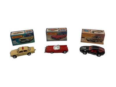 Lot 267 - Matchbox 1-75 series models all boxed including No. 42 57 'T' Bird, No. 52 BMW M1, No. 54 NASA tracking vehicle, No. 54 mobile home, No. 56 Mercedes 450 taxi, No. 57 Carmichael rescue vehicle, No....