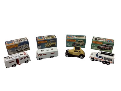 Lot 267 - Matchbox 1-75 series models all boxed including No. 42 57 'T' Bird, No. 52 BMW M1, No. 54 NASA tracking vehicle, No. 54 mobile home, No. 56 Mercedes 450 taxi, No. 57 Carmichael rescue vehicle, No....