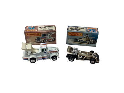 Lot 269 - Matchbox 1-75 series all boxed No.2 S-2 Jet, No. 27 swing wing, No. 75 helicopter (x2), No. 66 Tyrone Malone Superboss, No. 35 zoo truck, No. 28 Formula racing car, No. 17 The Londoner, No. 15 fork...