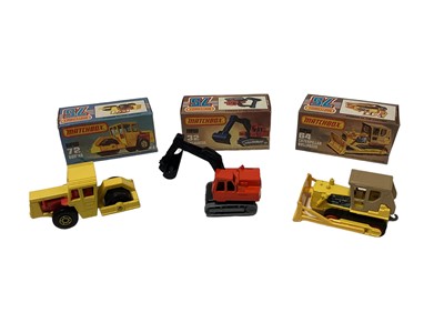 Lot 270 - Matchbox 1-75 series all boxed No. 14 petrol tanker, No. 36 refuse truck, No. 26 cable truck (x2), No. 32 excavatar, No. 72 Bomag, No. 64 Caterpillar bulldozer, No. 46 Ford tractor & Harrow, No. 63...