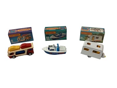 Lot 275 - Matchbox Superfast 1-75 models No. 41 Ambulance, No. 52 police launch, No. 63 Freeway gas tanker, No. 11 car transporter, No. 42 Mercedes container truck, No. 31 Caravan, No. 65 airport coach, No....