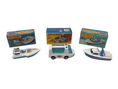 Lot 277 - Matchbox Superfast 1-75 models No. 23 Atlas truck, No. 46 Stretcha Fetcha ambulance, No. 21 rod roller, No. 42 Mercede container truck, No. 61 wreck truck, No. 52 police launch, No. 5 Seafire, No....