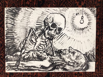 Lot 32 - *Colin Moss (1914-2005) Indian ink, a study of death, depicting a living skeleton leaning over a corpse, with a single lightbulb hanging from the ceiling, unsigned, 42cm x 30cm