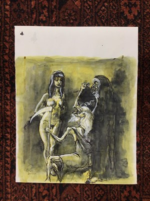 Lot 33 - *Colin Moss (1914-2005) mixed media, a disturbing scene of a nude woman with her hands behind her back, being studied by a seated old man holding a scythe, and an old woman wearing a long black clo...