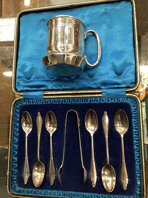 Lot 1104 - Silver mug and a cased set of six silver teaspoons and sugar tongs