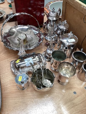 Lot 628 - Group of silver plate, including a four-piece tea set, a Georgian old Sheffield plate wine funnel and eastern white metal spoons.