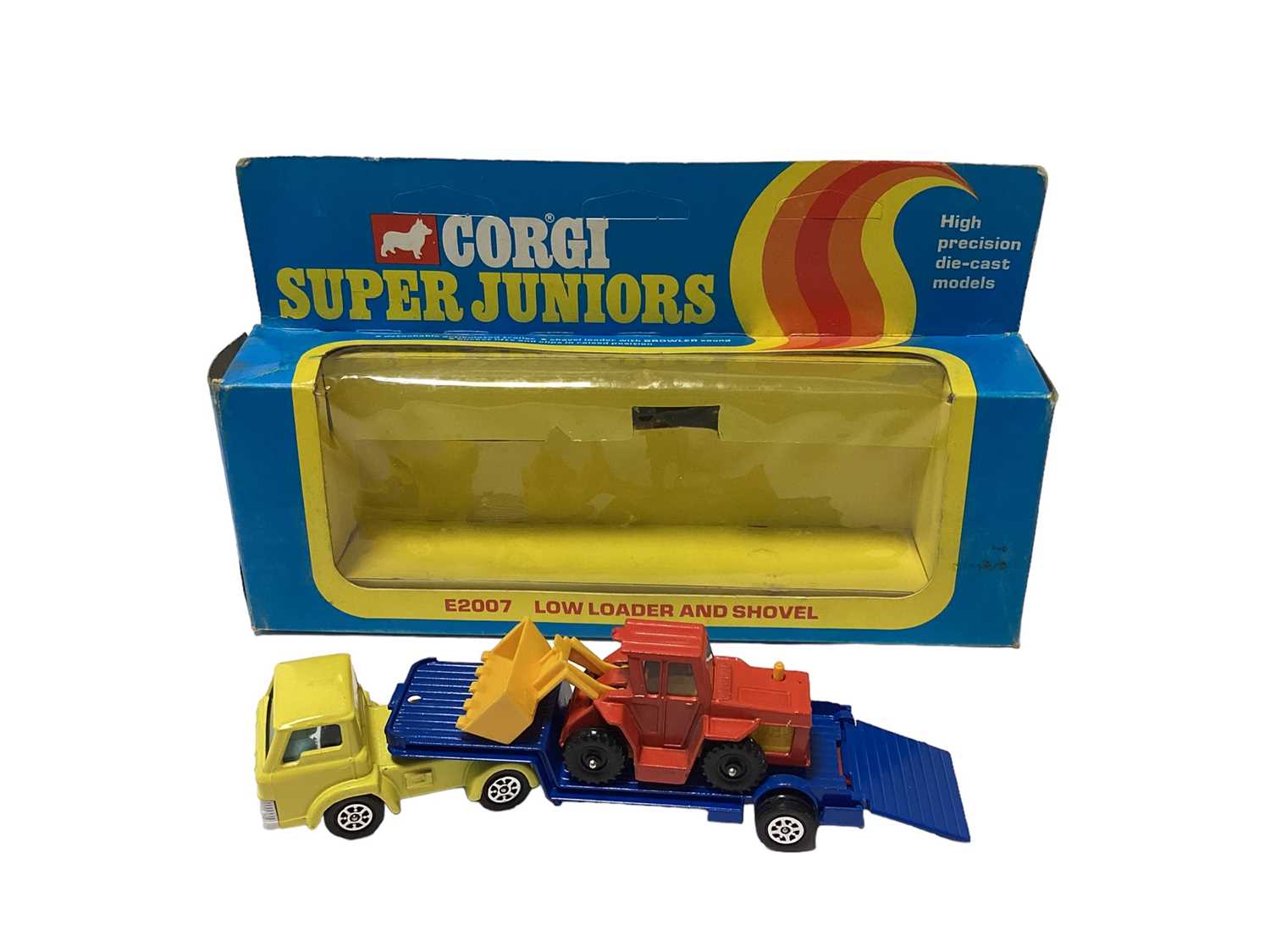 Lot 289 - Corgi Juniors police station set No. 3052 transporter No. 3105, James Bond Spy Who Loved Me gift set No. 3030, E2007 low loader and shovel, No. 2002 Haynor Mk11 car transporter, all boxed (5)