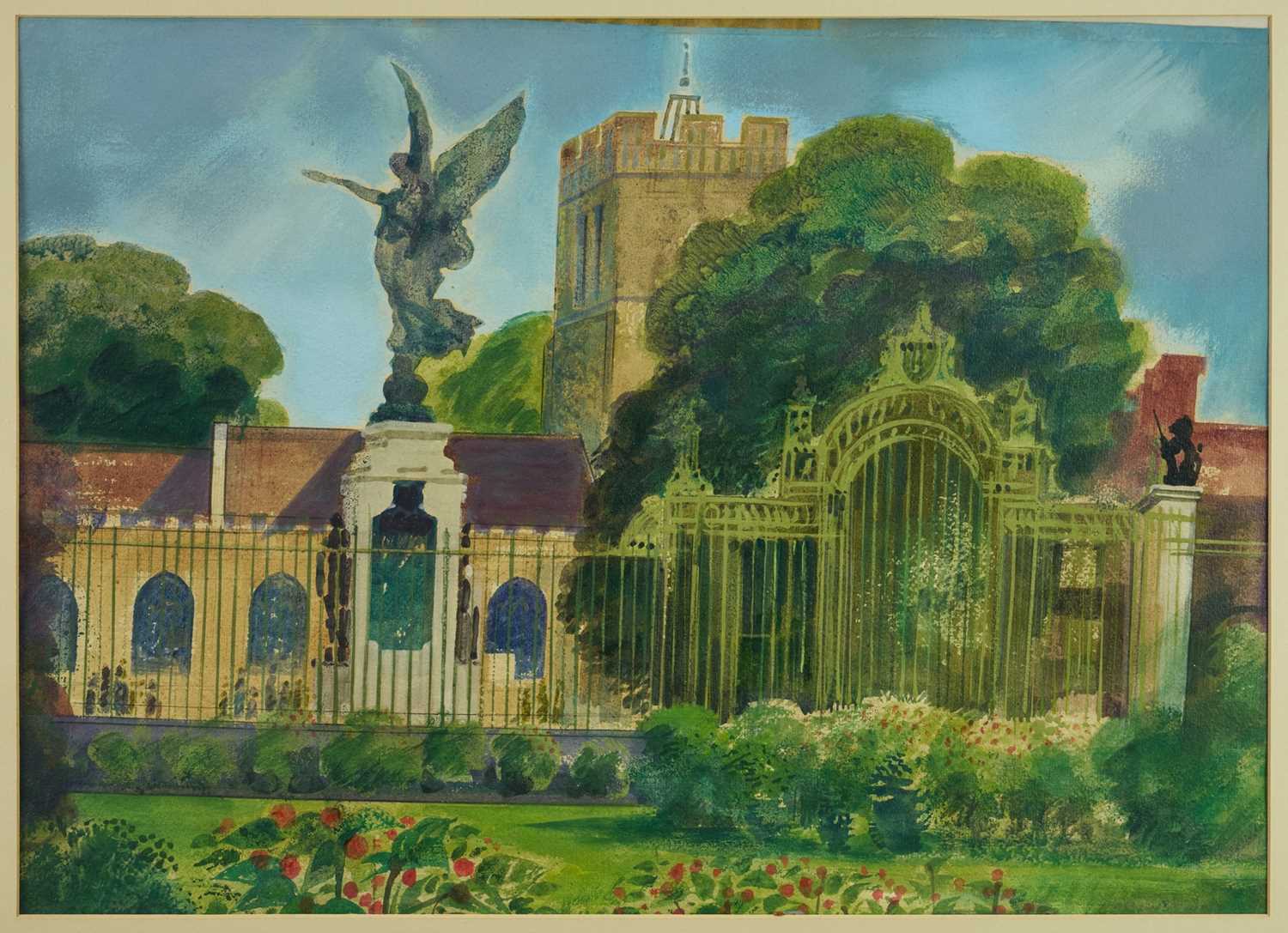 Lot 1137 - Henry Collins (1910-1994) watercolour - Looking away from Colchester Castle, signed and dated 1982, 50cm x 69cm, in glazed frame