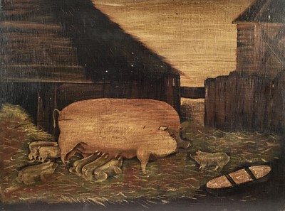 Lot 29 - English School early 20th century, naive oil on panel of a prize sow and her piglets, 33 x 44cm unframed