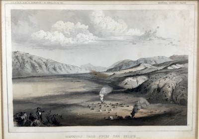 Lot 32 - Of American interest: a coloured engraving of Warners Pass from San Felipe, probably part of a surveyor's report for building railway tracks, with a Native American village in the middle ground
