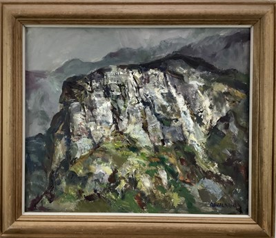 Lot 275 - Ronald Ronaldson (1919-2015), oil on board, cliff face, signed, 49cm x 59cm, framed