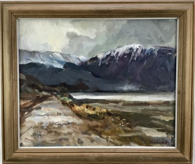 Lot 238 - Ronald Ronaldson (1919-2015) oil on board of snow-peaked mountains, signed, 48cm x 59cm, framed