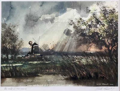 Lot 258 - Keith Grant, contemporary, watercolour, 'The mill on the marsh', possibly Cley-next-the-sea, Norfolk