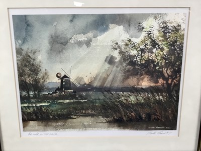 Lot 240 - Keith Grant, contemporary, watercolour, 'The mill on the marsh', possibly Cley-next-the-sea, Norfolk