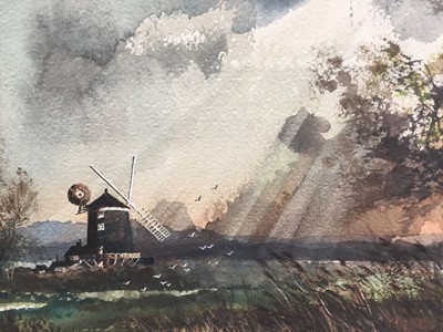 Lot 258 - Keith Grant, contemporary, watercolour, 'The mill on the marsh', possibly Cley-next-the-sea, Norfolk