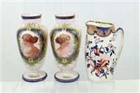 Lot 2247 - Pair of Victorian pink glass vases decorated...