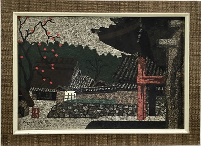 Lot 16 - Japanese woodblock, signed bottom left, 25cm x 37cm, in glazed frame