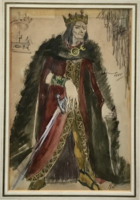 Lot 20 - Macbeth The King costume design, 1950s, 23cm x 15cm, in glazed frame