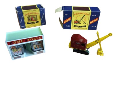 Lot 312 - Matchbox Moko Lesney Ruston Bucyrus excavator No.4 (box lid missing) &  Lesney Acessory Home Stores No. A-5, Esso Extra Petrol Pump Series Cooper Bristol Racing Car No.6, AA Motorcycle Patrol No.1....