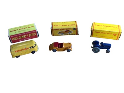 Lot 310 - Dinky Duplo Singer Roaster No.062, Morris Pick-Up No.065, Volkswagen Delivery Van No.071, Austin Taxi No.067, Austin Lorry No.064 & Massey Harris Ferguson Tractor No.069, Dinky Toys OO gauge Figure...