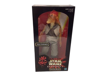 Lot 320 - Hasbro Star Wars Episode 1 Jar Jar Binks No.57129, Qui-Gon Jinn (Applause Version) & Hasbro Star Wars Princess Leia No.57137, plus Tiger Electronics Queen Amidala & Darth Maul Compact Phone, all pa...