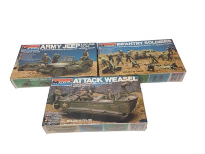 Lot 326 - Revell The History Makers 1:32 Scale Self Propelled Howitzer No.8625 & Northrop Hawk model kits No.8611 and 1:35 Scale 8th Army Soldiers, Monogram 1:35 Scale Army Jeep & Anti-Tank Gun No.6302, Atta...