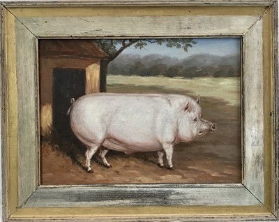 Lot 26 - Continental School 20th century oil on canvas laid on wood board, A Prize Pig in a Sty