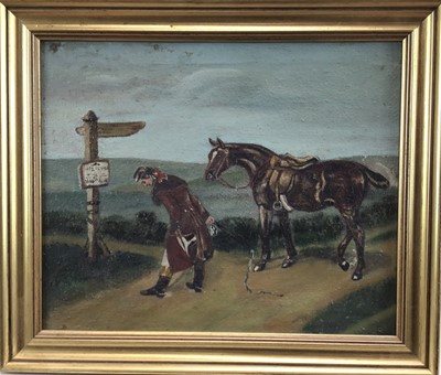 Lot 23 - English School oil on board, Dick Turpin and Black Bess, 24cm x 29cm, framed