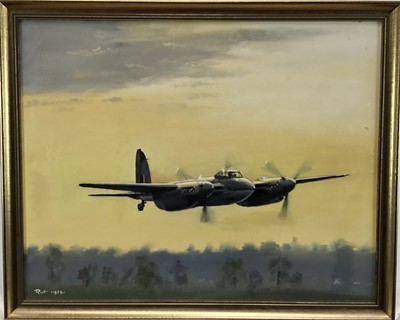 Lot 24 - English School 1978, oil on board, A Mosquito Aircraft in flight, signed and dated