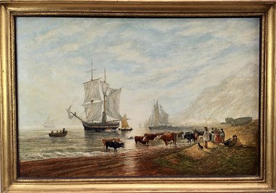 Lot 25 - 19th Century English School, oil on board, Sailing Vessels off shore with cattle and figures, indistinctly signed Vivian