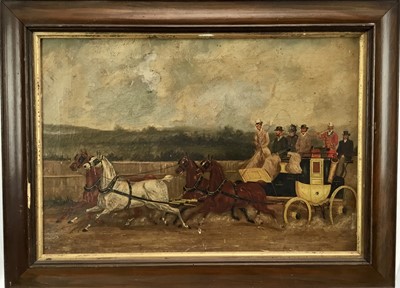 Lot 27 - Manner of John Charles Maggs, oil on canvas, A Coaching Scene, 32cm x 47cm, framed