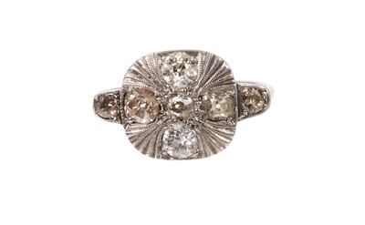 Lot 737 - Art Deco diamond cocktail ring, the plaque with seven old cut diamonds in platinum setting on 18ct white gold shank.