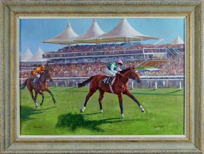 Lot 1261 - James Power (b.1946) oil on canvas - Frankel beating Canford Cliffs on 27th July 2011 in the Sussex Stakes at Glorious Goodwood, signed and inscribed, 50cm x 70cm, framed