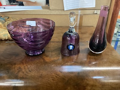 Lot 803 - A Whitefriars type amethyst tinted glass bowl, a Wedgwood glass bell and an amethyst glass vase