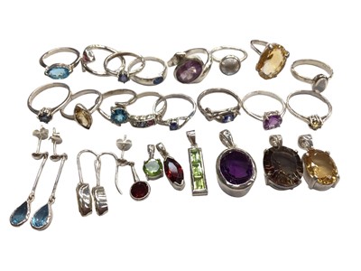 Lot 1006 - Group of contemporary silver (925) gem set rings, pendants and earrings