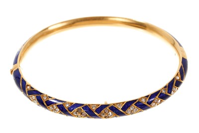 Lot 775 - Victorian gold diamond and blue enamel bangle