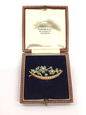 Lot 1017 - Victorian gold seed pearl and turquoise brooch with floral and crescent design