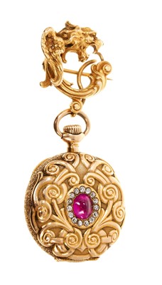 Lot 880 - Late 19th century American Waltham 14K gold fob watch with button-wind movement, the ornate gold case with cabochon ruby surrounded by old cut diamonds, the watch suspended from a brooch in the for...