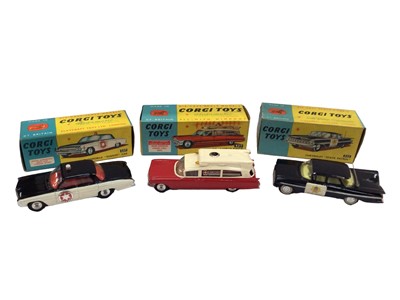 Lot 1804 - Corgi Chevrolet 'State Petrol' No. 223 Oldsmobile 'Sheriff' car No. 237, Superior Ambulance No. 437 all boxed