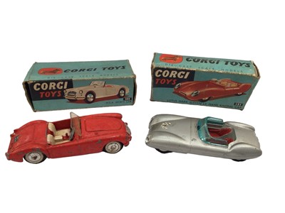 Lot 1805 - Corgi Standard Vanguard No. 207, Lotus Mark Eleven le Mans Racing Car No. 151, MGA Sports Car No. 302, Studebaker 'Golden Hawk' No. 211 all boxed (4)