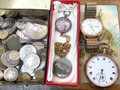 Lot 1018 - Two Victorian glazed lockets, gold plated pocket watch, vintage wristwatch and a selection of coins